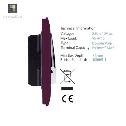 Trendi Switch 1 Gang 45 Amp Cooker Switch with Neon in Plum Purple