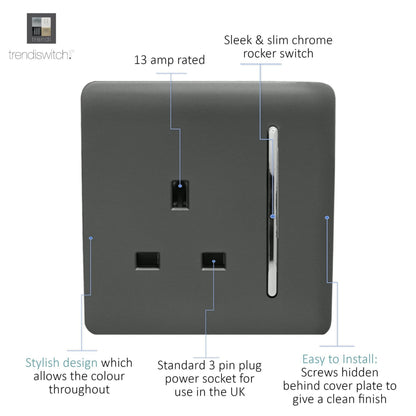 Trendi Switch 1 Gang 13 Amp Switched Plug Socket in Charcoal Grey
