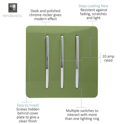Trendi Switch 3 Gang 1 or 2 way Rocker Light Switch in Moss Green