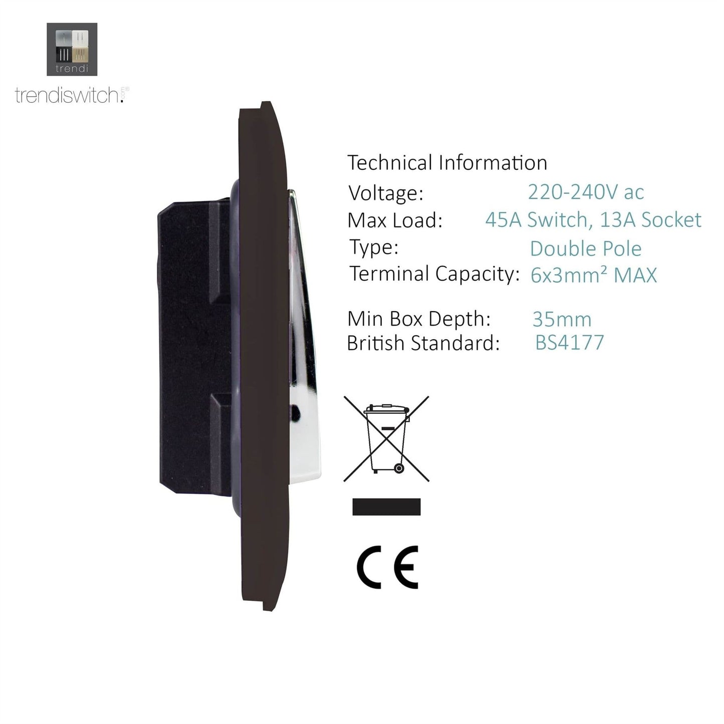 Trendi Switch 45 Amp Cooker Switch & 13 Amp Plug Socket with Neonin Dark Mocha Brown