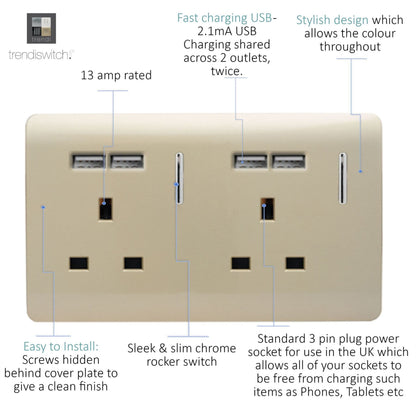 Trendi Switch 2 Gang 4 Port USB 2100mA Plug Socket in Champagne Gold