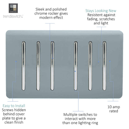 Trendi Switch 6 Gang 1 or 2 Way Light Switch in Cool Grey