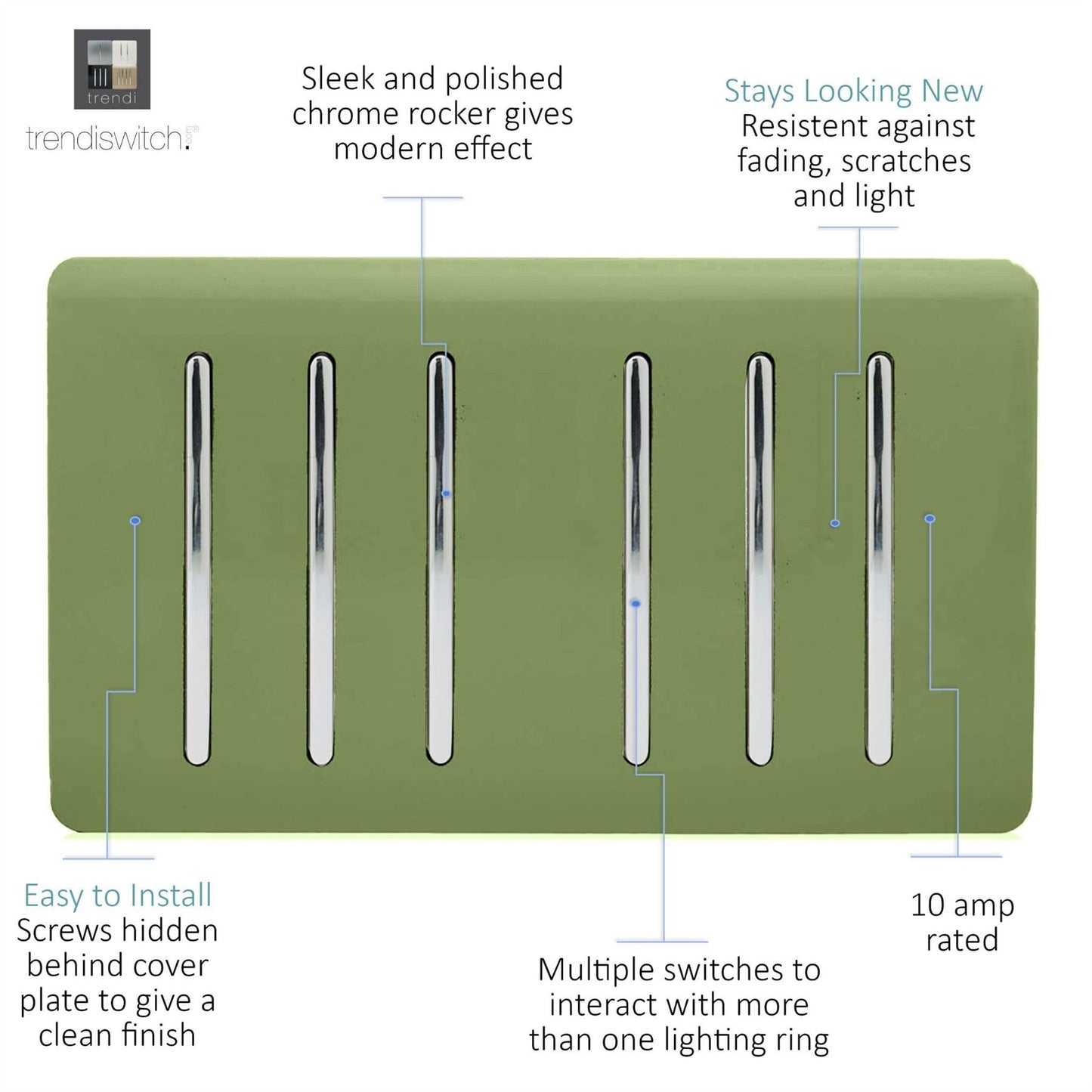 Trendi Switch 6 Gang 1 or 2 Way Light Switchin Moss Green