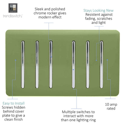 Trendi Switch 6 Gang 1 or 2 Way Light Switch in Moss Green