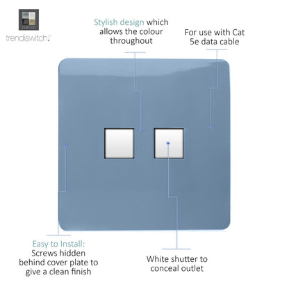 Trendi Switch 2 Gang RJ45 Cat 5e PC Ethernet Socket in Sky Blue