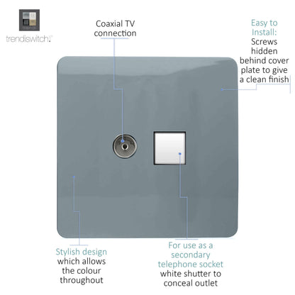 Trendi Switch 2 Gang Female TV Co-Axial & Telephone Slave Sockets in Cool Grey