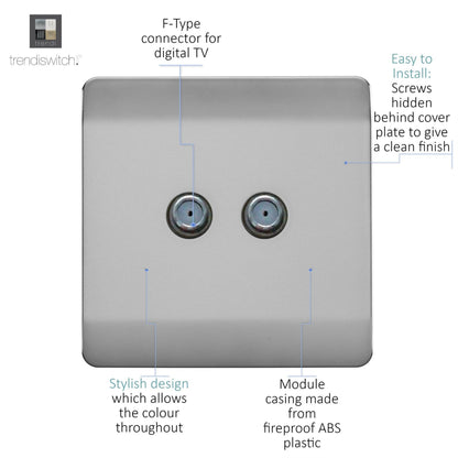Trendi Switch 2 Gang Male F-Type Satellite Television Socket in Brushed Steel