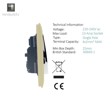 Trendi Switch 2 Gang Long Switched Plug Socket in Champagne Gold