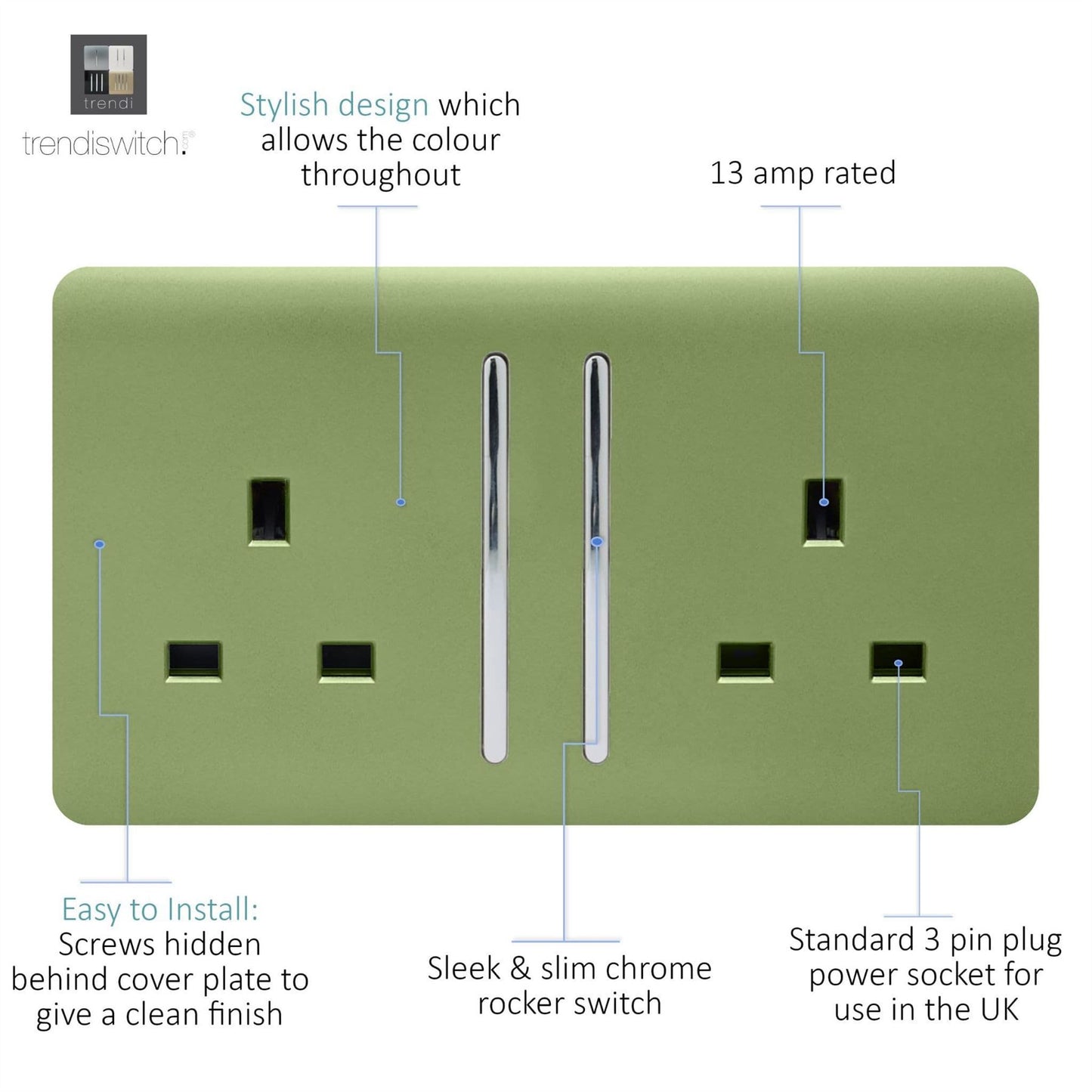 Trendi Switch 2 Gang Long Switched Plug Socketin Moss Green