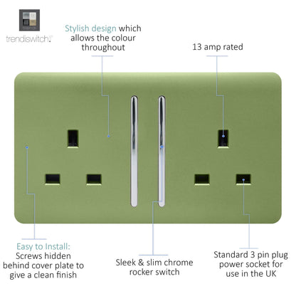Trendi Switch 2 Gang Long Switched Plug Socket in Moss Green
