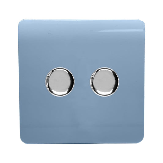 Trendi 2 Gang 2 Way 240V 100w LED Dimmer Screwless Raised Front Plate Plastic Artistic Modern Glossy 10 Amp Chrome Single Electrical Wall Light Switch in Sky Blue - ART-2LDMSK