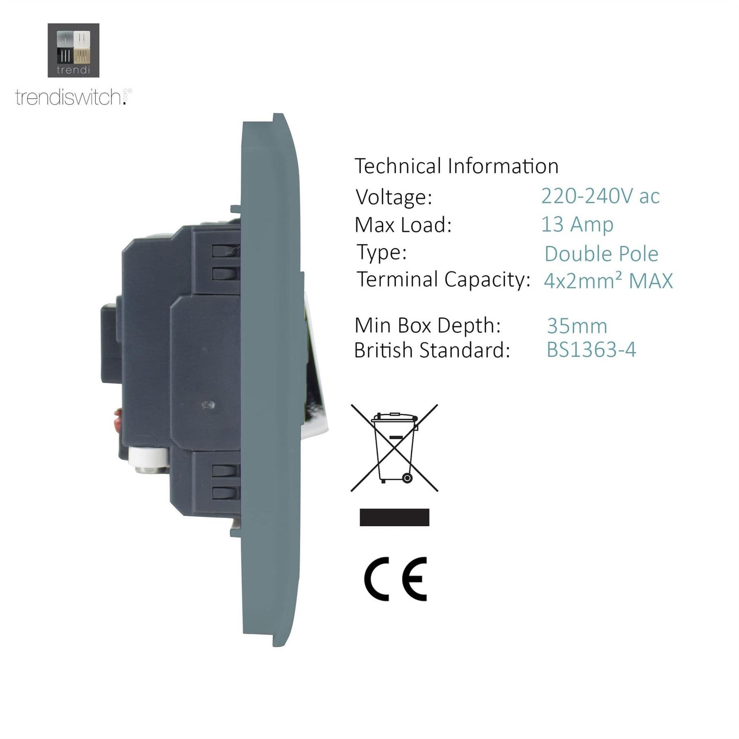 Trendi Switch 13 Amp Fused Spur with Flex Outletin Cool Grey