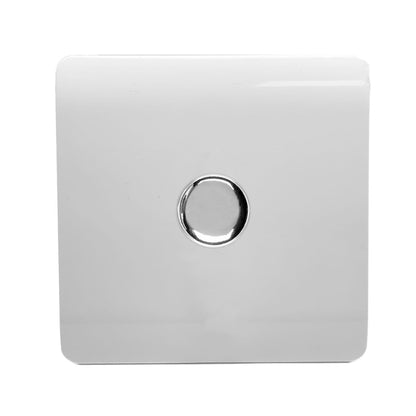 Trendi 1 Gang 2 Way 240V 100w LED Dimmer Screwless Raised Front Plate Plastic Artistic Modern Glossy 10 Amp Chrome Single Electrical Wall Light Switch in Ice White- ART-LDMWH