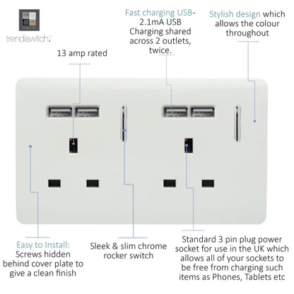 Trendi Switch 2 Gang 4 Port USB 2100mA Plug Socket in Ice White