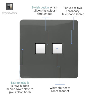 Trendi Switch 2 Gang Cat 3 Telephone Slave Socket in Charcoal Grey