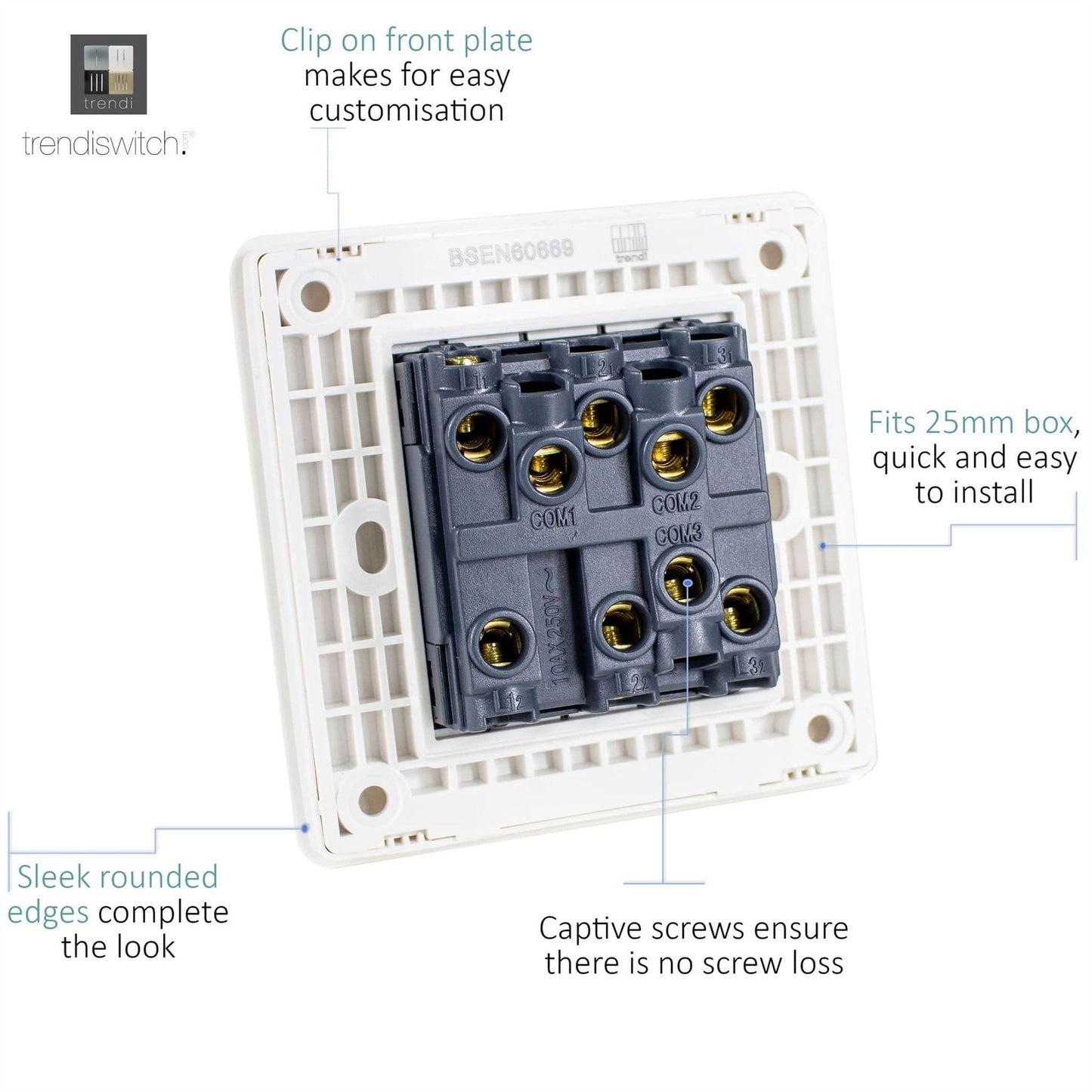 Trendi Switch 3 Gang 1 or 2 way Rocker Light Switchin Sky Blue