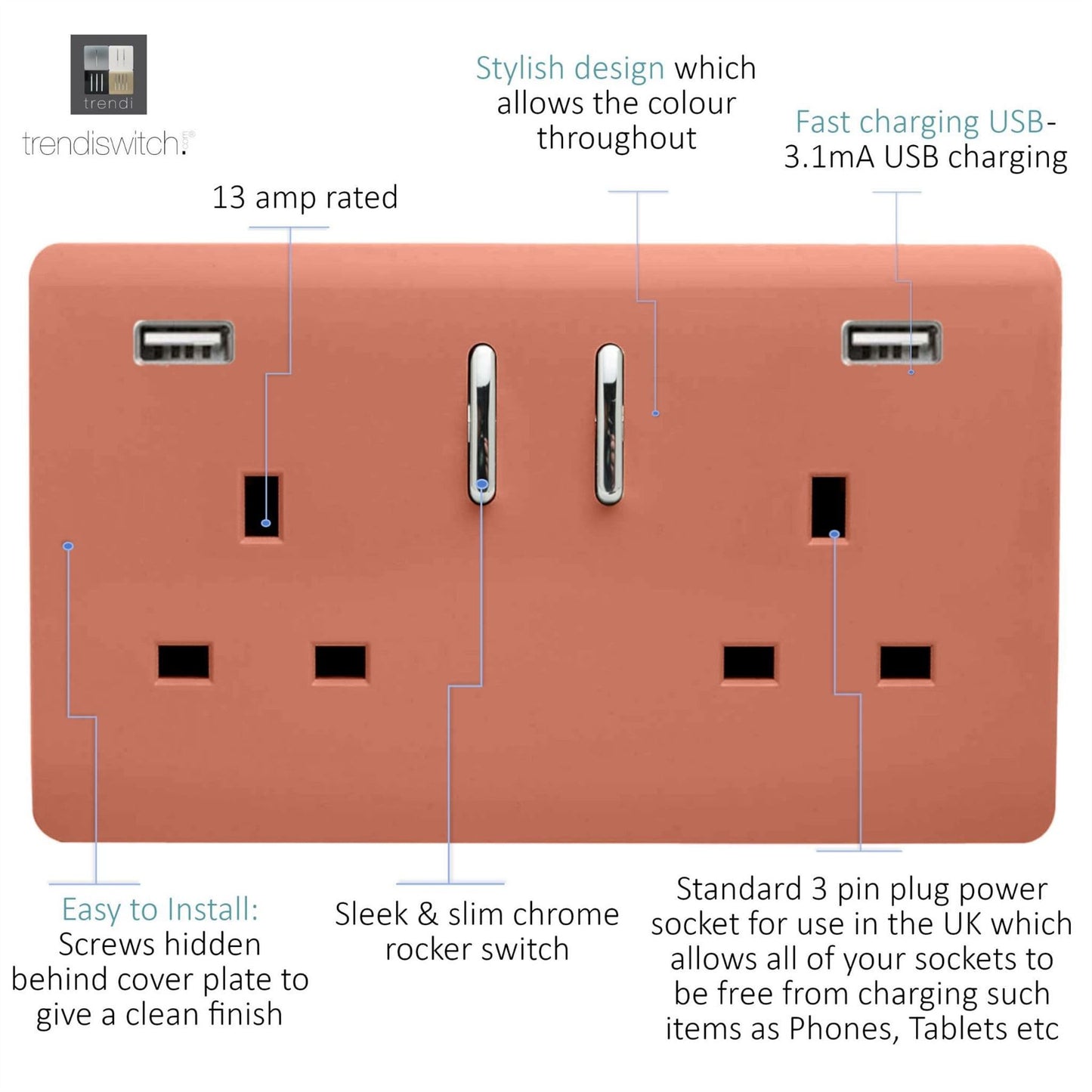 Trendi Switch 2 Gang USB 3100mA Plug Socketin Copper