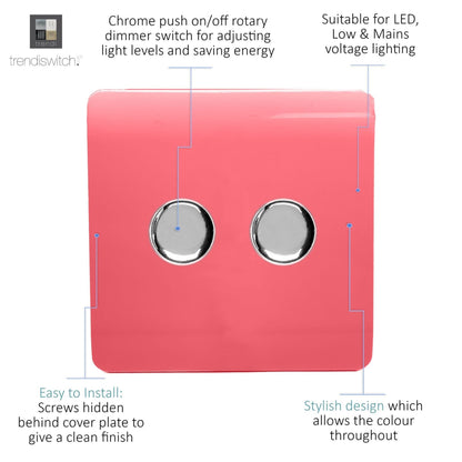 Trendi 2 Gang 2 Way 240V 100w LED Dimmer Screwless Raised Front Plate Plastic Artistic Modern Glossy 10 Amp Chrome Single Electrical Wall Light Switch in Strawberry - ART-2LDMSB