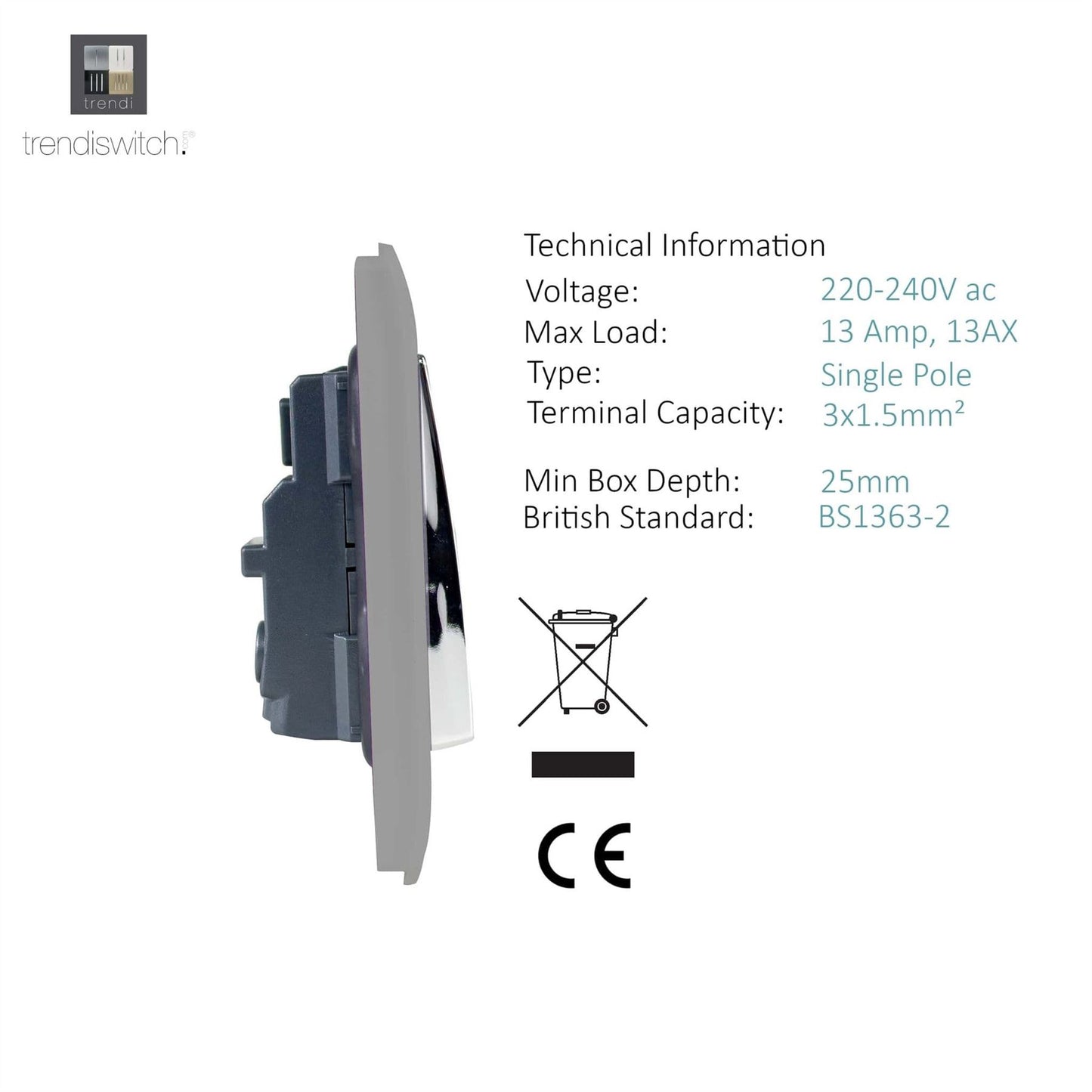 Trendi Switch 1 Gang 13 Amp Switched Plug Socketin Light Grey