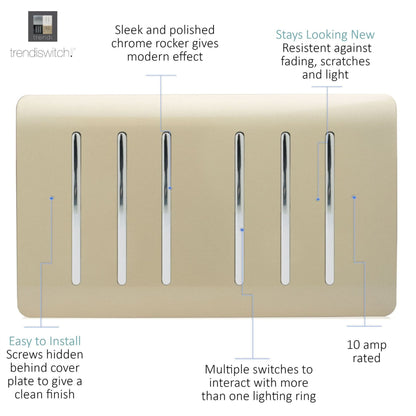 Trendi Switch 6 Gang 1 or 2 Way Light Switch in Champagne Gold
