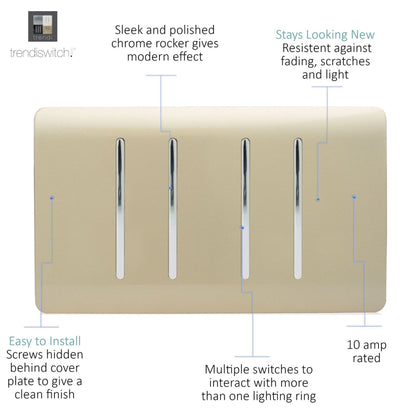 Trendi Switch 4 Gang Light Switch (3x 1 or 2 Way & 1 x Intermediate)in Champagne Gold