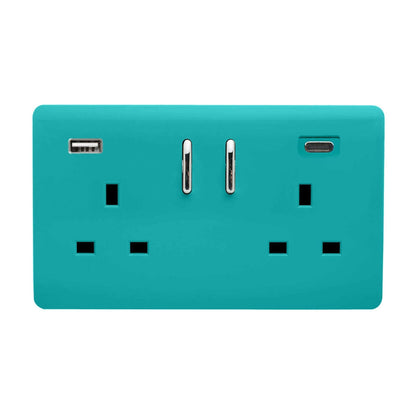 Trendi Switch 2 Gang USB 3100mA Type A & C USB Plug Socket in Bright Teal