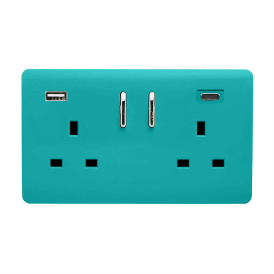 Trendi Switch 2 Gang USB 3100mA Type A & C USB Plug Socketin Bright Teal