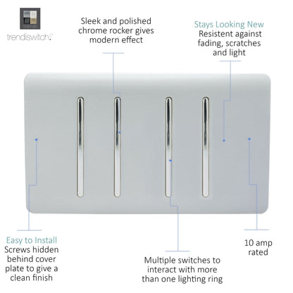 Trendi Switch 4 Gang Light Switch (3x 1 or 2 Way & 1 x Intermediate)in Platinum Silver