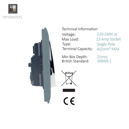Trendi Switch 2 Gang Long Switched Plug Socket in Cool Grey