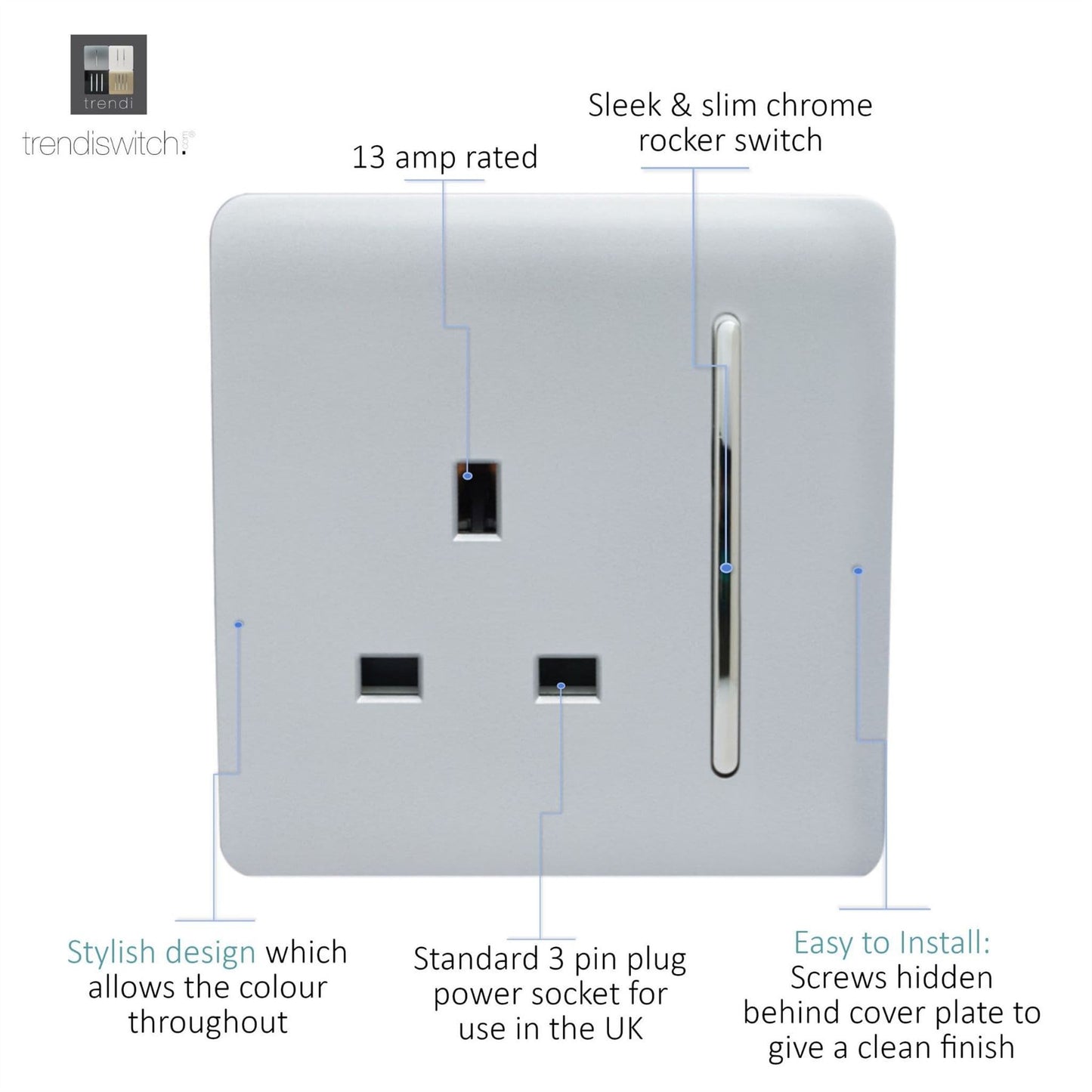 Trendi Switch 1 Gang 13 Amp Switched Plug Socketin Platinum Silver