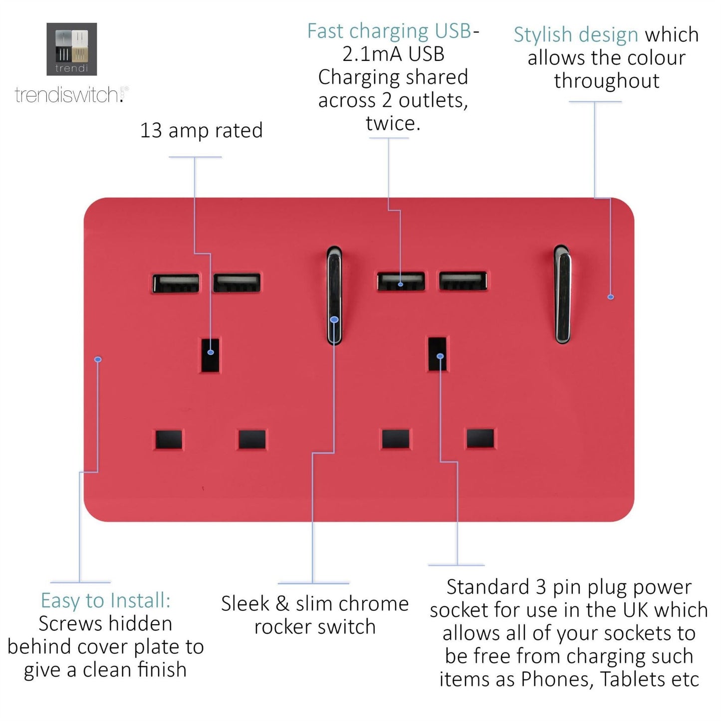 Trendi Switch 2 Gang 4 Port USB 2100mA Plug Socket in Strawberry Red
