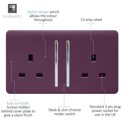 Trendi Switch 2 Gang Long Switched Plug Socket in Plum Purple