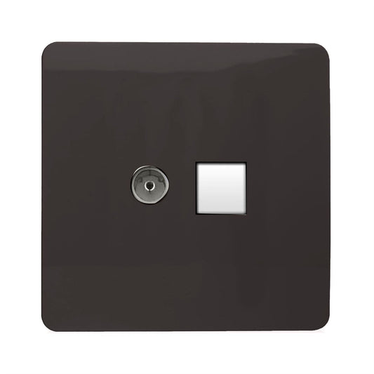 Trendi Switch 2 Gang TV Co-Axial & RJ45 Cat 6 Modern Designer PC Ethernet Socketsin Dark Mocha Brown