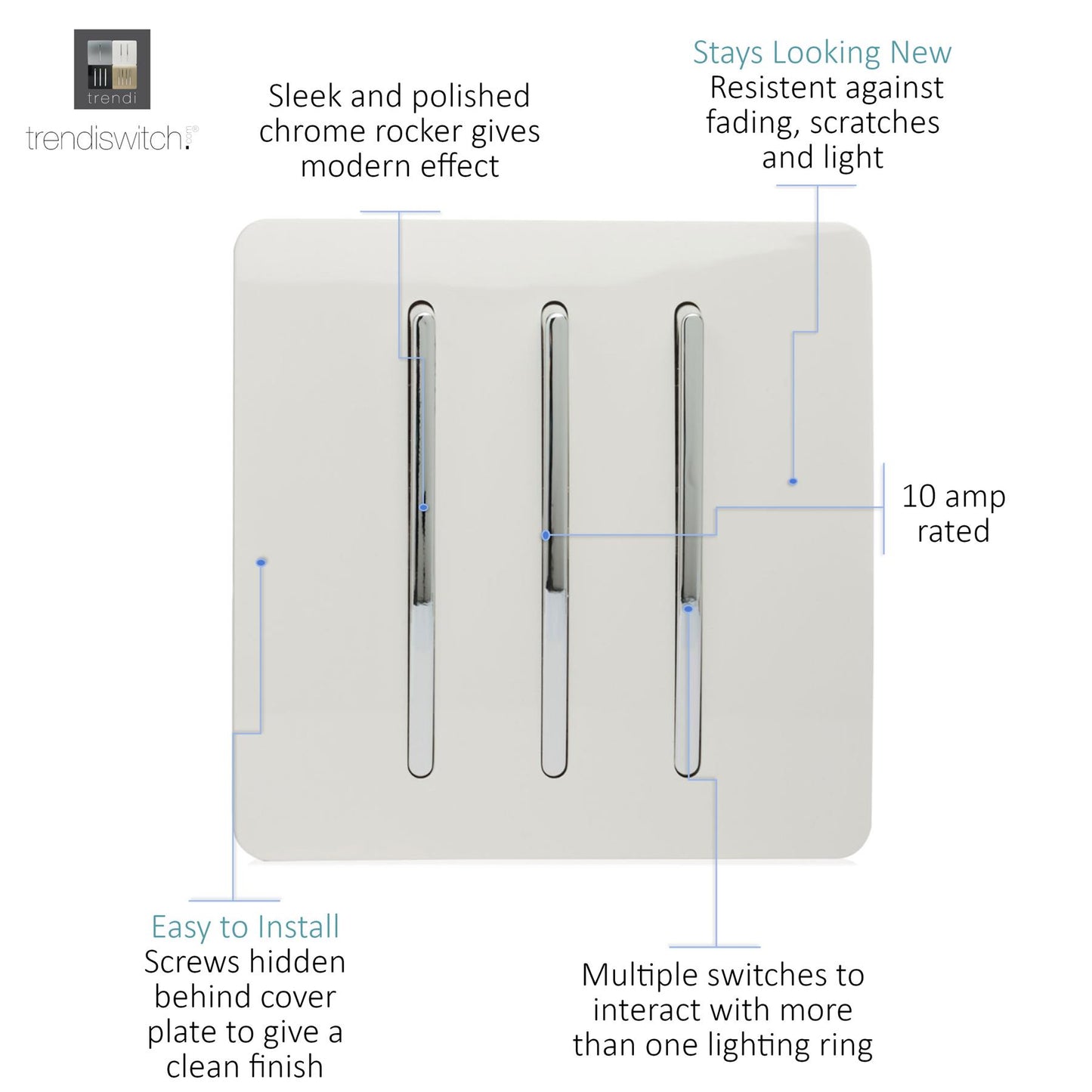 Trendi Switch 3 Gang 1 or 2 way Rocker Light Switch in Ice White