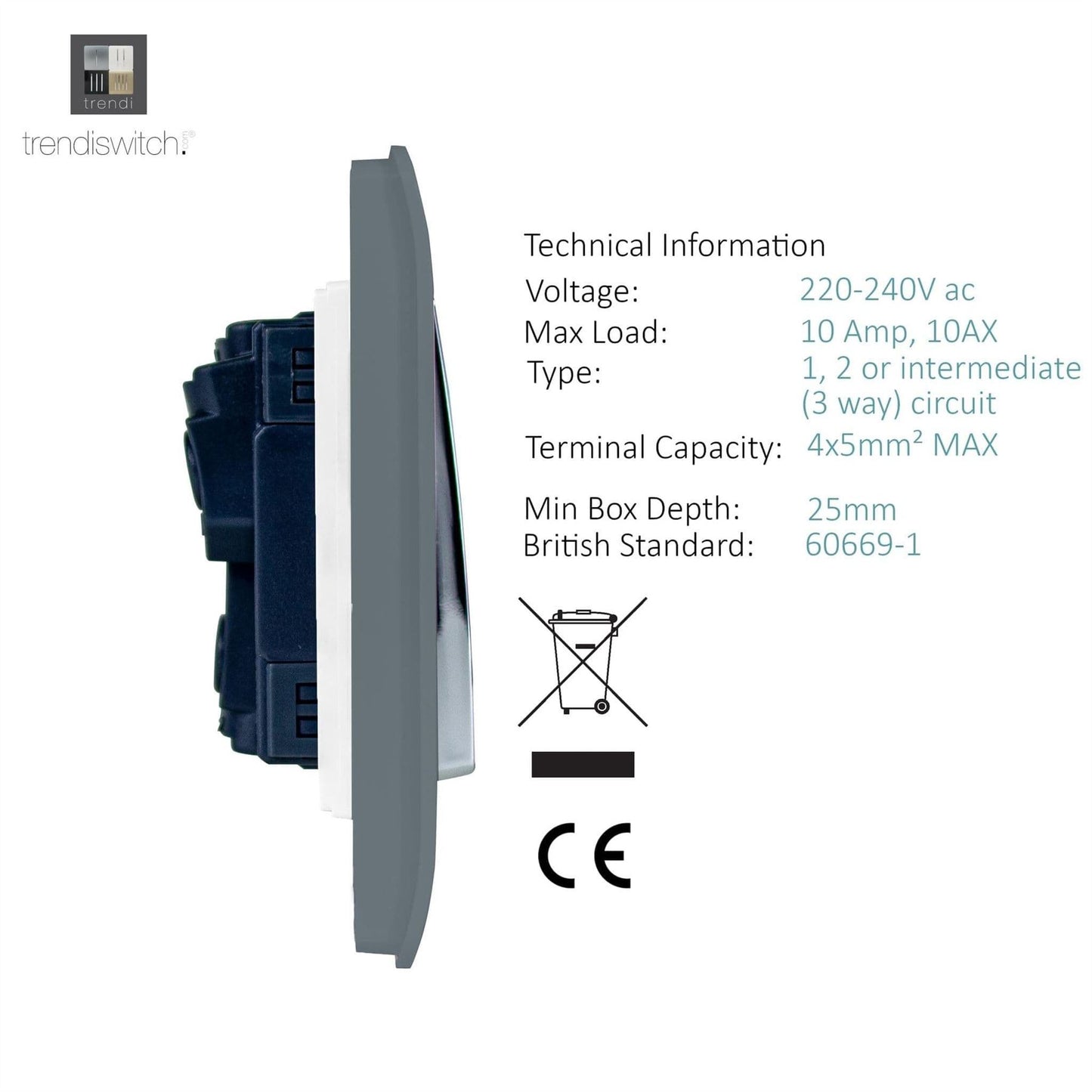Trendi Switch 4 Gang Light Switch (1x 1 or 2 Way & 3 x Intermediate)in Warm Grey