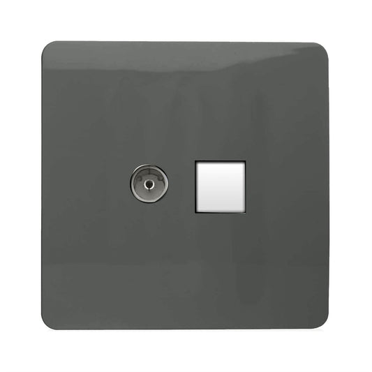 Trendi Switch 2 Gang Female TV Co-Axial & Telephone Slave Socketsin Charcoal Grey