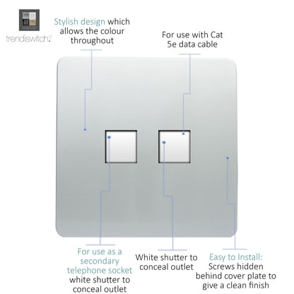 Trendi Switch 2 Gang RJ45 Cat 5e PC Ethernet & Telephone Slave Sockets in Platinum Silver