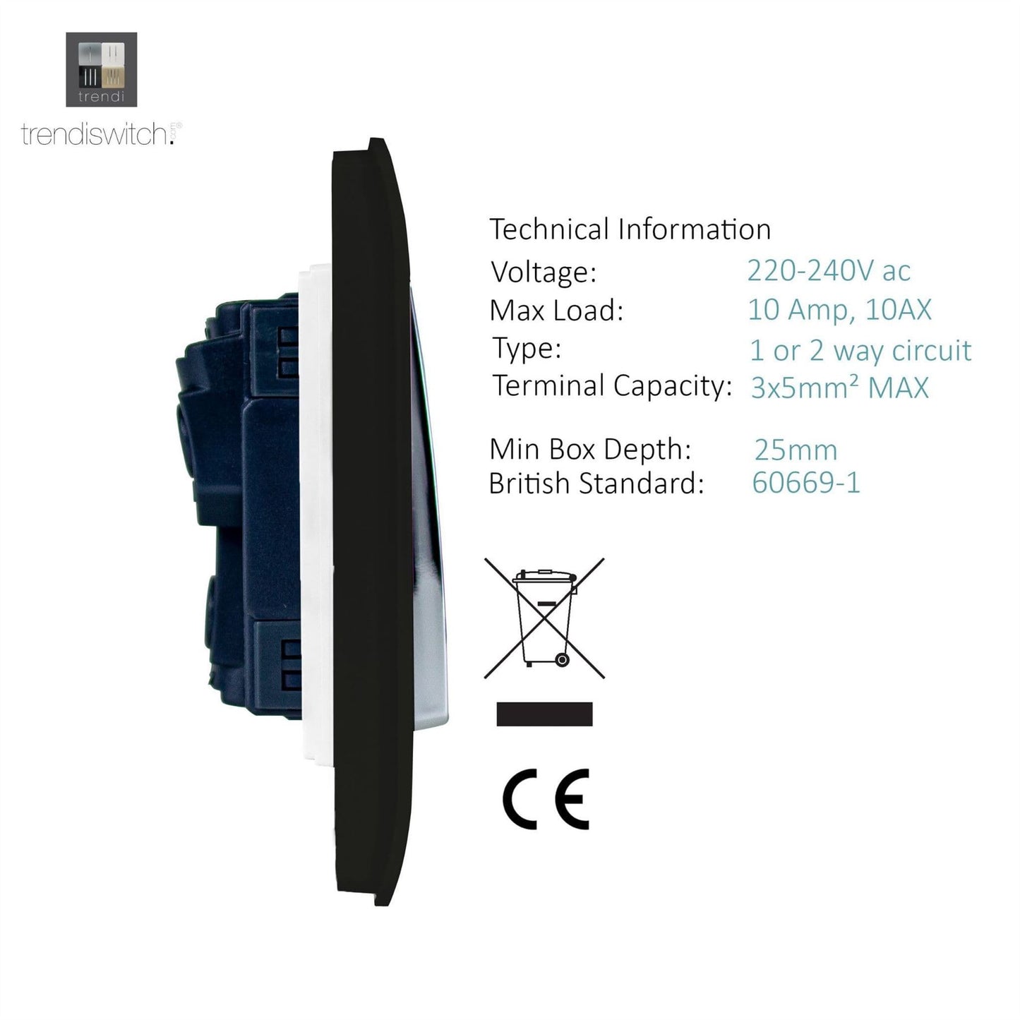 Trendi Switch 1 Gang 1 or 2 way Rocker Light Switchin Carbon Fibre