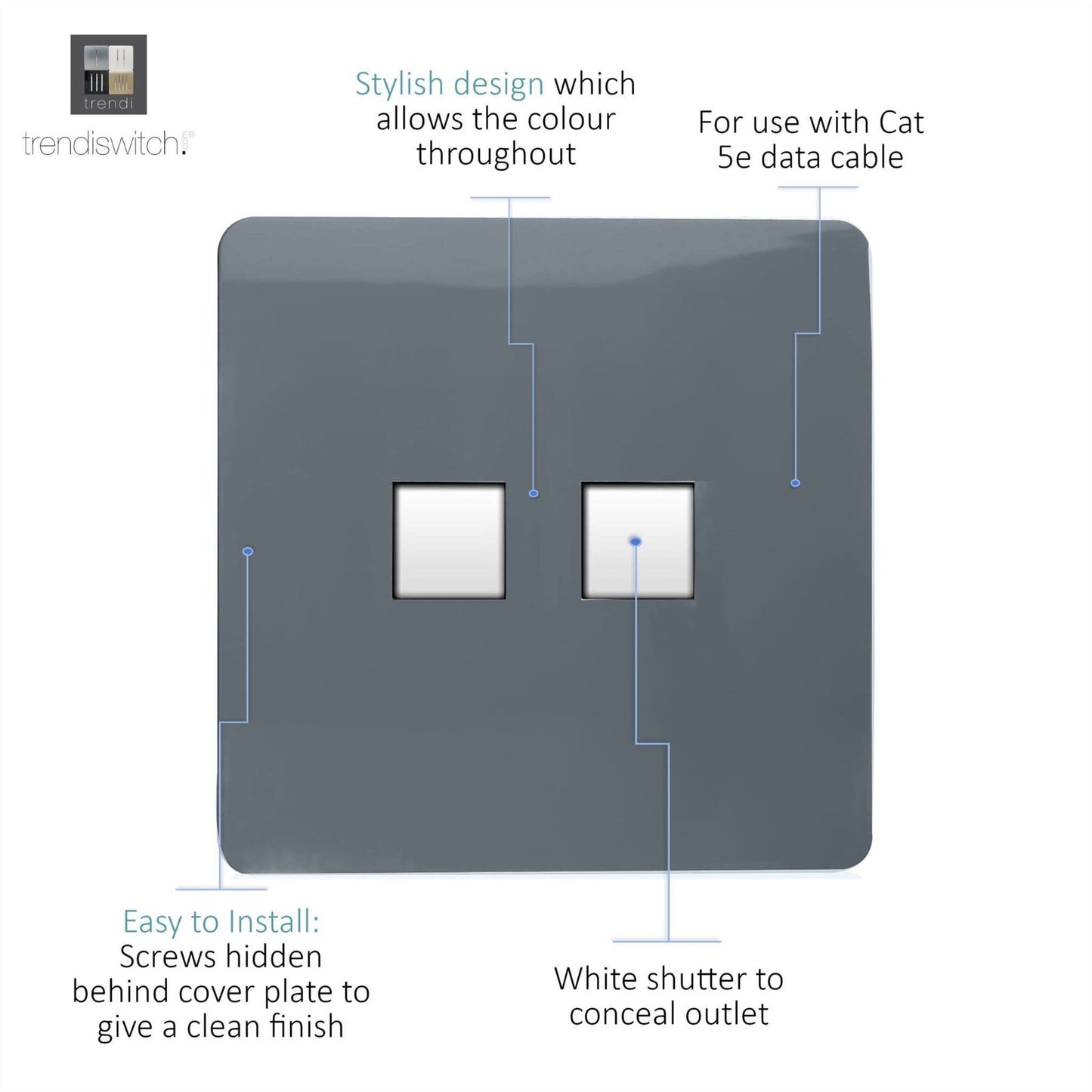 Trendi Switch 2 Gang RJ45 Cat 5e PC Ethernet Socketin Warm Grey