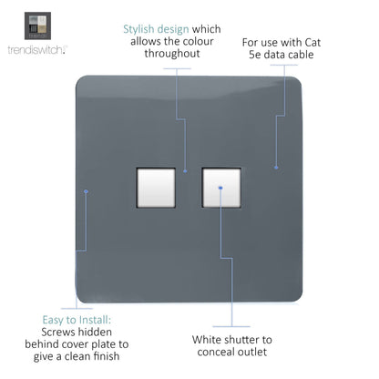 Trendi Switch 2 Gang RJ45 Cat 5e PC Ethernet Socket in Warm Grey