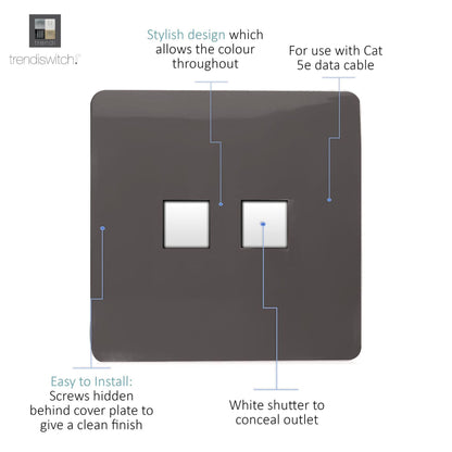 Trendi Switch 2 Gang RJ45 Cat 5e PC Ethernet Socket in Dark Mocha Brown