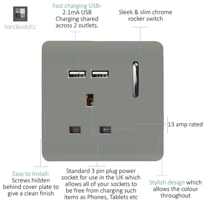 Trendi Switch 1 Gang USB 2100mA Plug Socket in Light Grey
