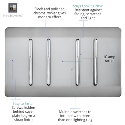 Trendi Switch 4 Gang 1 or 2 Way Light Switch in Brushed Steel