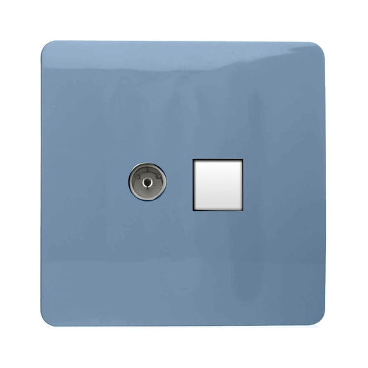 Trendi Switch 2 Gang TV Co-Axial & RJ45 Cat 6 Modern Designer PC Ethernet Socketsin Sky Blue