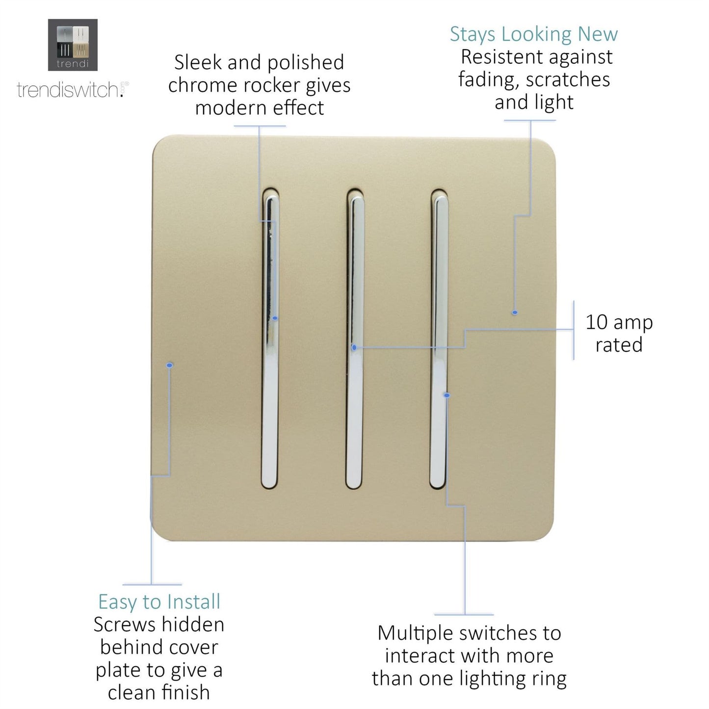 Trendi Switch 3 Gang 1 or 2 way Rocker Light Switch in Champagne Gold