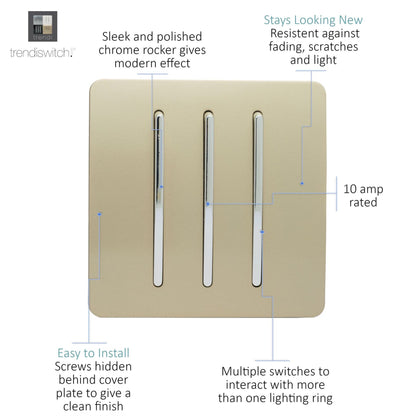 Trendi Switch 3 Gang 1 or 2 way Rocker Light Switch in Champagne Gold