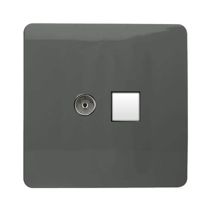 Trendi Switch 2 Gang Female TV Co-Axial & RJ45 Cat 5e PC Ethernet Sockets in Charcoal Grey