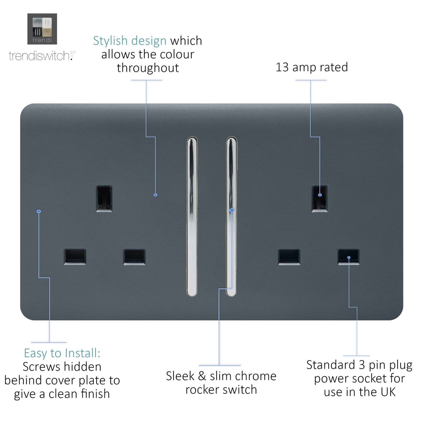 Trendi Switch 2 Gang Long Switched Plug Socket in Warm Grey