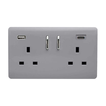 Trendi Switch 2 Gang USB 3100mA Type A & C USB Plug Socket in Platinum Silver