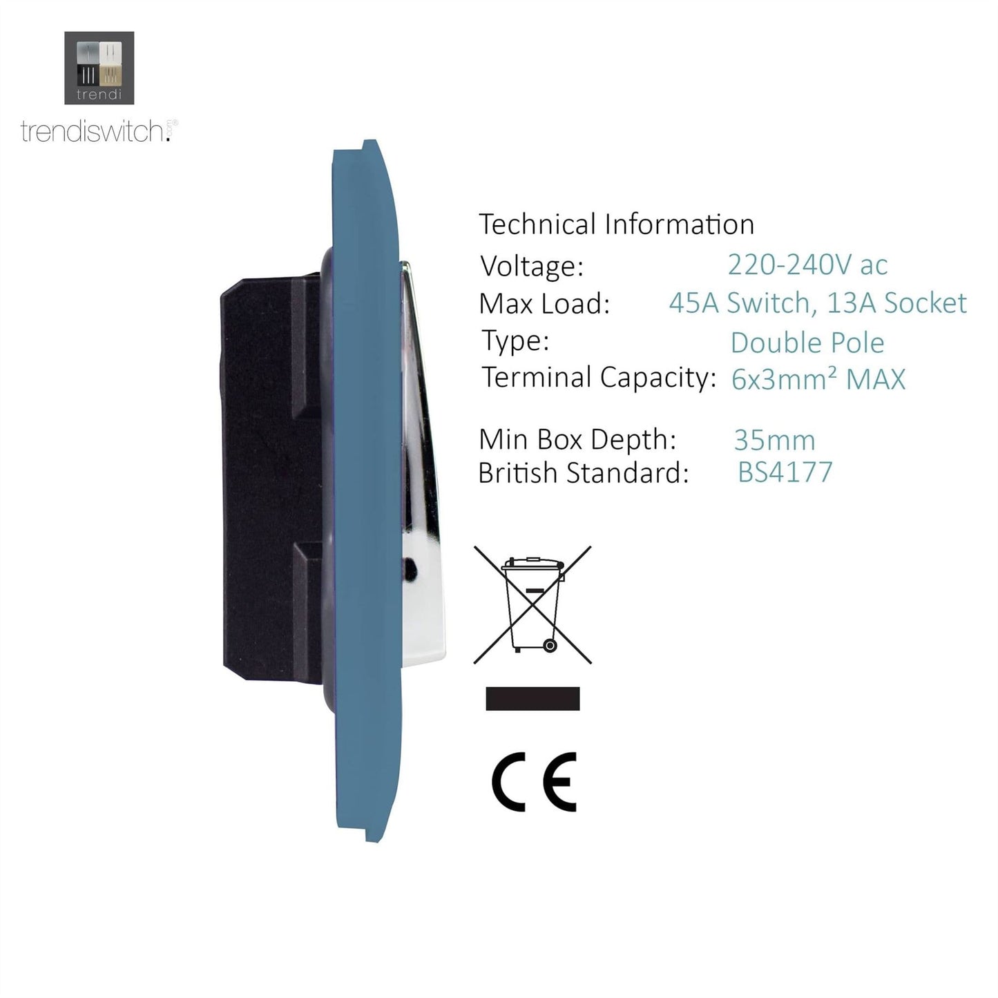 Trendi Switch 45 Amp Cooker Switch & 13 Amp Plug Socket with Neonin Sky Blue